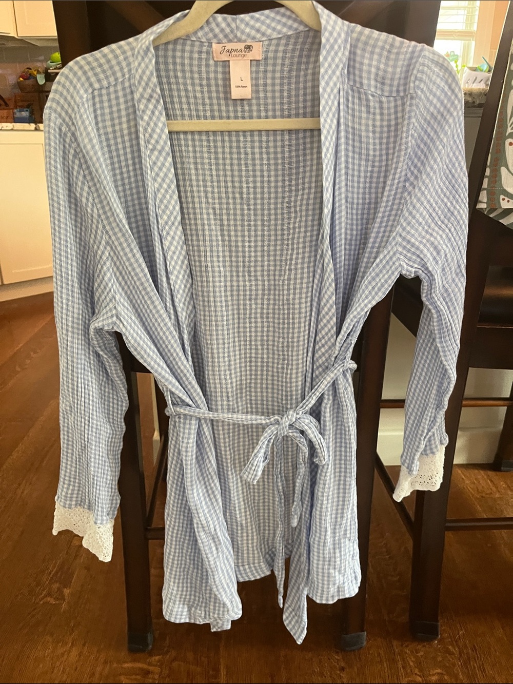 Japna Light Blue Gingham Tie-Waist Robe with Lace Trim